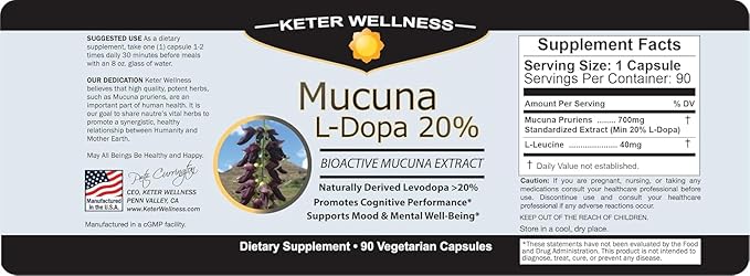 Mucuna Pruriens 20% L-Dopa – Standardized Velvet Bean Extract for Natural Dopamine Focus &amp Mood Support – Pure 8:1 Concentrated Herbal Supplement – Vegan Non-GMO 90 Capsules