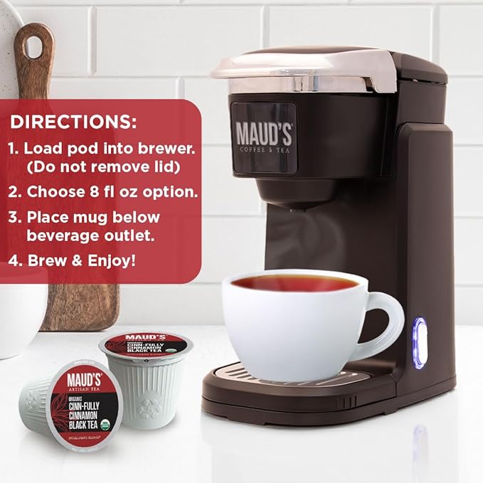 Maud's Organic Cinnamon Black Tea Pods 80 ct Single Serve Tea Pods – 100% Gourmet Blended Tea Leaves Compatible with Keurig K Cups Maker