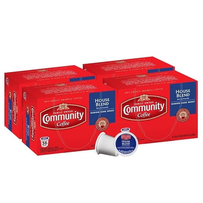 Community Coffee House Blend 144 Count Coffee Pods Medium Dark Roast Compatible with Keurig 2.0 K-Cup Brewers 36 Count (Pack of 4)