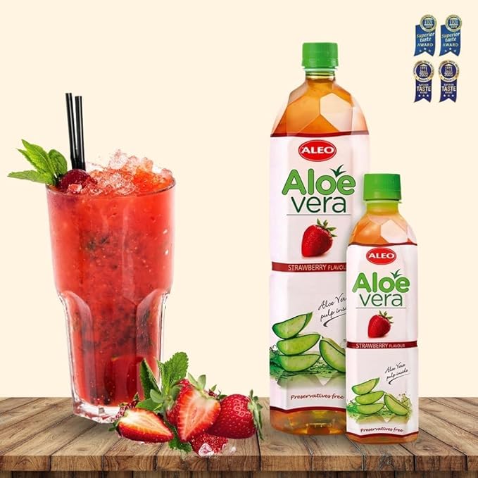 ALEO 0.5L x 24 Premium Strawberry Aloe Vera Drink - Natural No Preservatives No Artificial Colors Superior Taste Award 2025