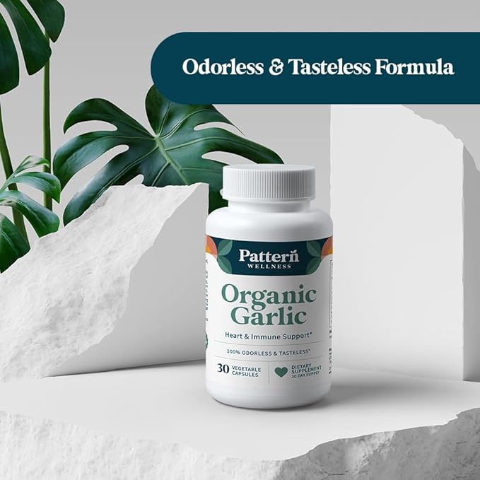 Pattern Wellness Odorless Organic Garlic - 1000mg - Supports Circulatory &amp Immune Health - Non-GMO Gluten Free Vegan - 30 Capsules