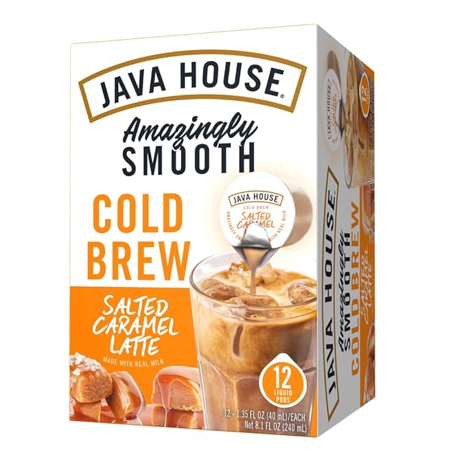JAVA HOUSE Salted Caramel Latte Cold Brew Coffee Pods (12 Count) Peel and Pour Pods Hot or Iced