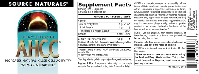 Source Naturals AHCC 750 mg Increases Natural Killer Cell Activity* - 60 Capsules