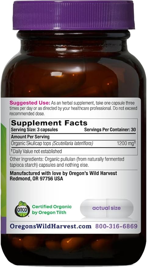 Oregon's Wild Harvest Organic Skullcap Vegan Capsules | Traditional Herbal Supplement 90 Count