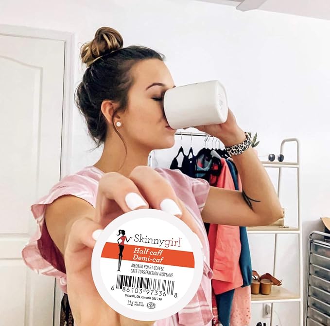 Skinnygirl Half Caff Coffee Pods for Keurig K Cups Brewers Reduced Caffeine Medium Roast Coffee in Single Serve Cups 24 Count