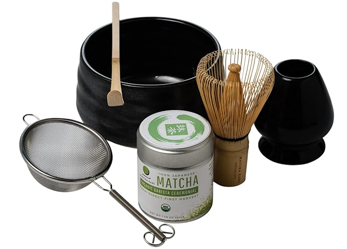 Matcha Kari Dr. Weil Complete Tea Set - Black - Japanese Ceremonial Organic Matcha with Whisk and Holder Ceramic Bowl Sifter and Scoop