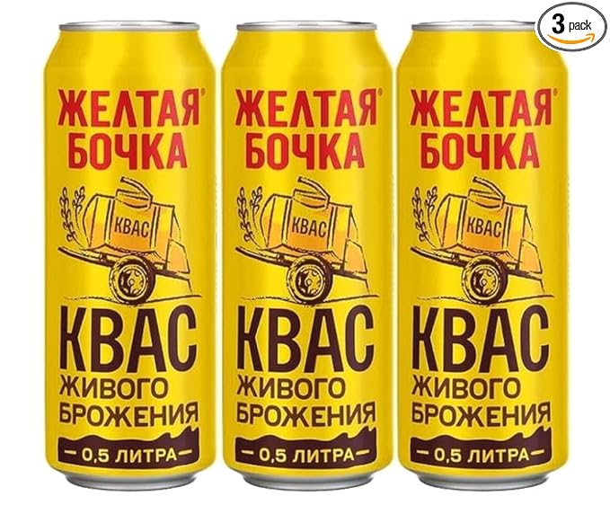 Imported Russian Rye Bread Soft Drink Kvass Yellow Barrel Trehsosnensky 0.5l / 16.91 fl oz - Pack of 3 - Zheltaya Bochka