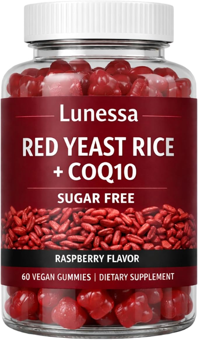 Lunessa Red Yeast Rice with Red Yeast Rice 2400mg CoQ10 200mg Restores Body Vitality &amp Maintains Healthy Cholesterol Levels for Men &amp Women Non-GMO Vegan Raspberry Flavor 60 Gummies (1)