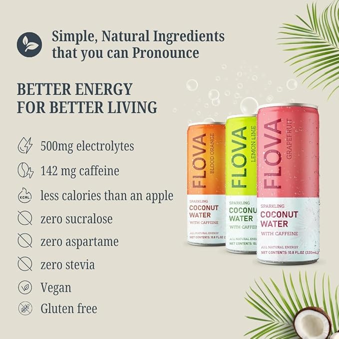 Flova Energy Drink All Natural Electrolytes and Minerals from Coconut Water 4 Simple Easy to Pronounce Ingredients 99% Juice Assorted Pack of 12 Cans