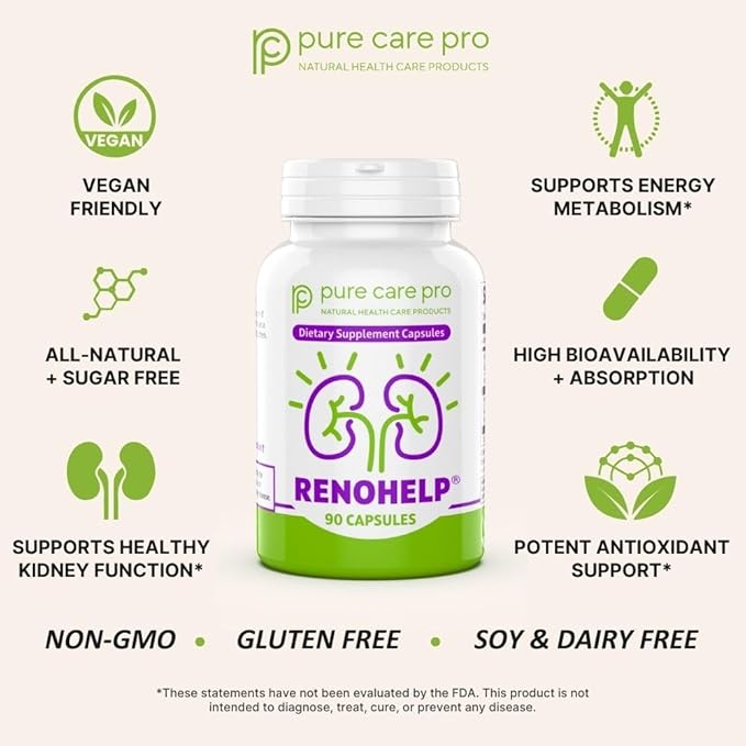 Renohelp Powerful All-Natural Kidney Support Supplement for Healthy Kidney Function Creatinine Levels and Glomerular Filtration Vegan &amp Gluten Free* (90 Capsules)