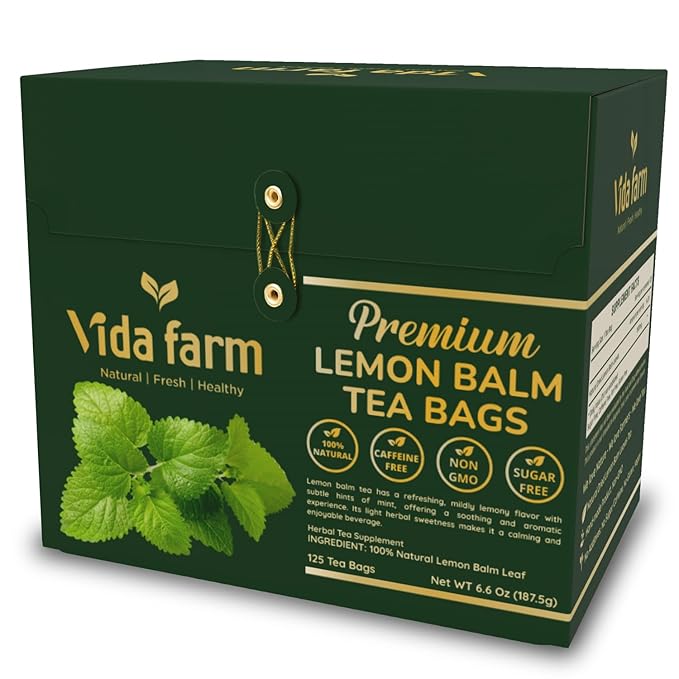VIDA FARM Lemon Balm Tea Bags 125 Herbal Tea Bags 100% Natural Dried Lemon Balm Herbal Leaves Tea Bag Caffeine Free Sugar Free Citrus Flavor