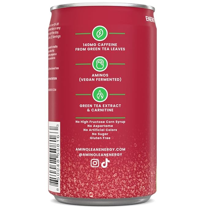 AminoLean Energy Drink MINIS – Sugar Free Anytime Energy with Natural Caffeine &amp Vegan Amino Acids for No Jitters Tingles or Crash Cherry Lime 8 oz 12 Pack