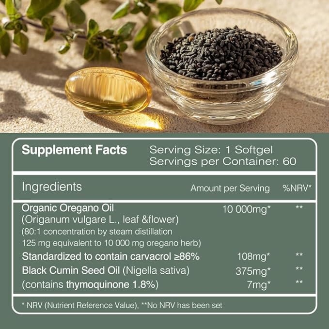 Oregano &amp Black Seed Oil Softgels –Natural Carvacrol &amp poten Pure Black Seed Oil – 7mg Thymoquinone– Organic Vegan Non-GMO – Immune &amp Wellness Support – 60 Capsules