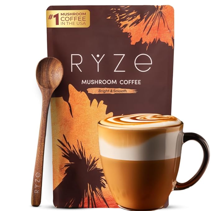 RYZE SUPERFOODS Mushroom Medium Roast Coffee USDA Organic with 6 Adaptogenic Mushrooms USA Grown Instant Coffee for Better Energy Focus Digestion Immunity with Lions Mane &amp Turkey Tail 30 Servin