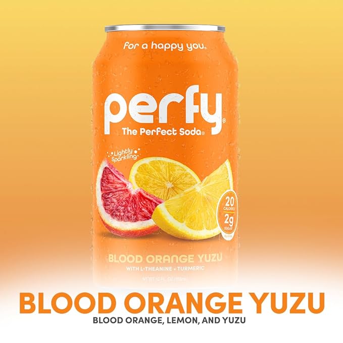PERFY Healthy Soda for Brain &amp Mood – Nootropics w/L-Theanine &amp Turmeric + Real Fruit Juice – Caffeine-Free Low Cal Low Sugar Keto Gluten-Free (12-pack Blood Orange Yuzu)