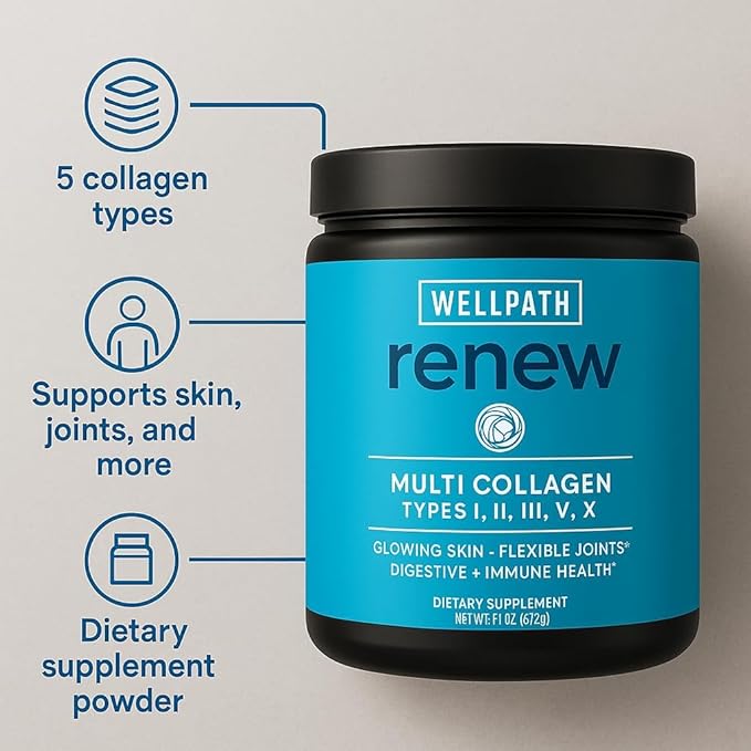 WellPath Multi Collagen Peptides Powder for Women | Renew Multi Collagen Protein for Hair Nails Skin | Hydrolyzed Bovine Marine &amp Chicken Sources | Types I II III V X | 11 oz | 40 Servings