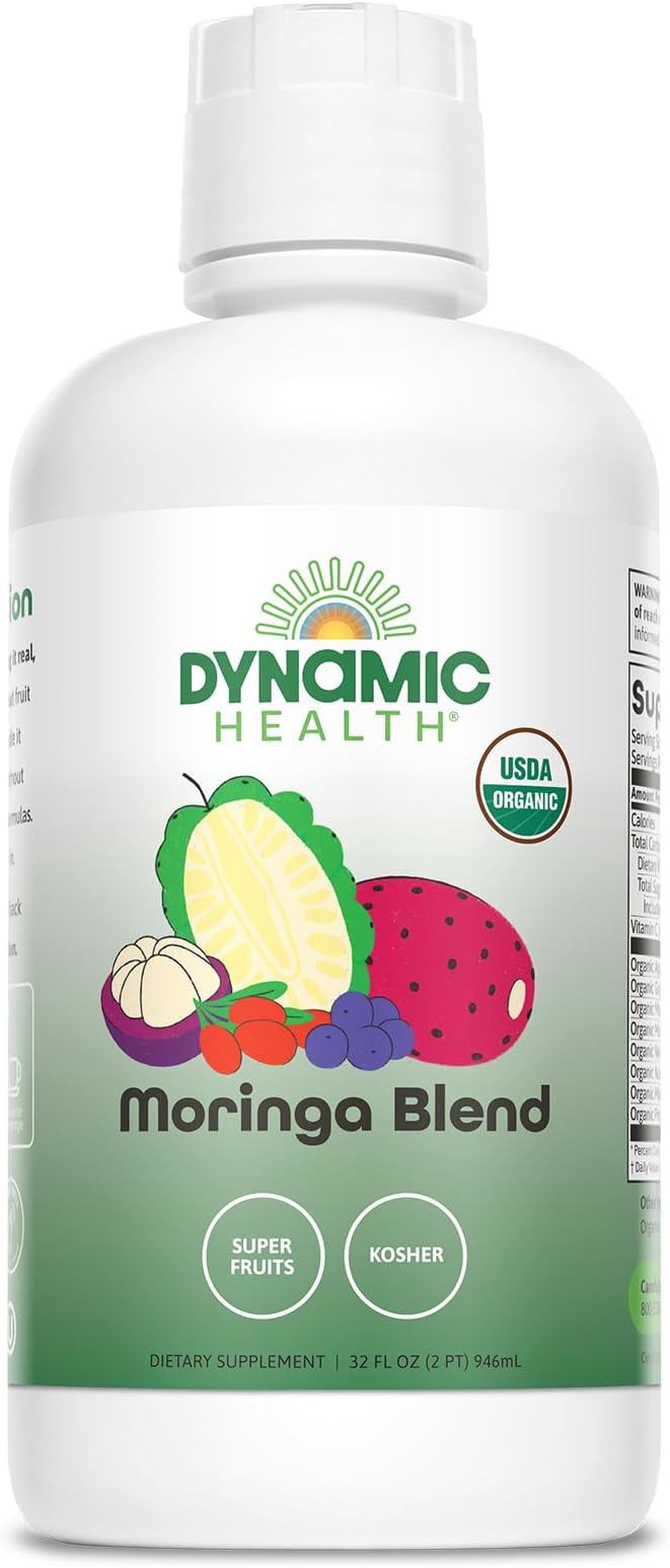 Dynamic Health Moringa Juice Certified Organic Superfruits Acai Goji Mangosteen and Morei Vegetarian Gluten-Free 33.8oz