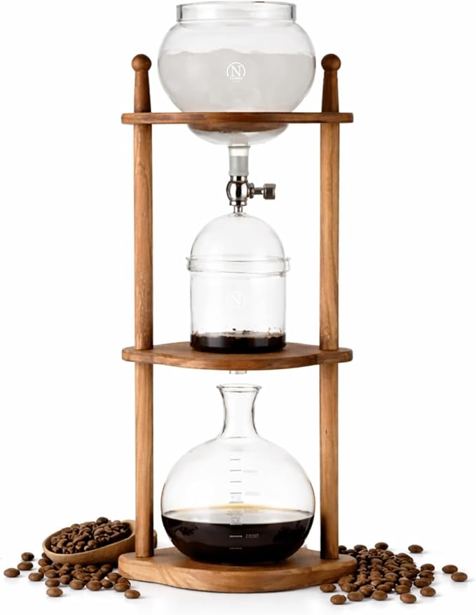 Nispira Cold Brew coffee Maker Ice Coffee Drip Machine with Advanced Slow Drip Technology Borosilicate Glass with Wood Tower 6-8 Cup Brown