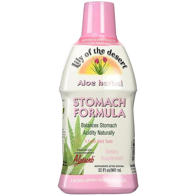 Lily of The Desert Stomach Formula Organic Aloe Vera Juice with Slippery Elm Chamomile Peppermint and Ginger for Gut Health Acid Reflux Heartburn Relief 32 Oz1