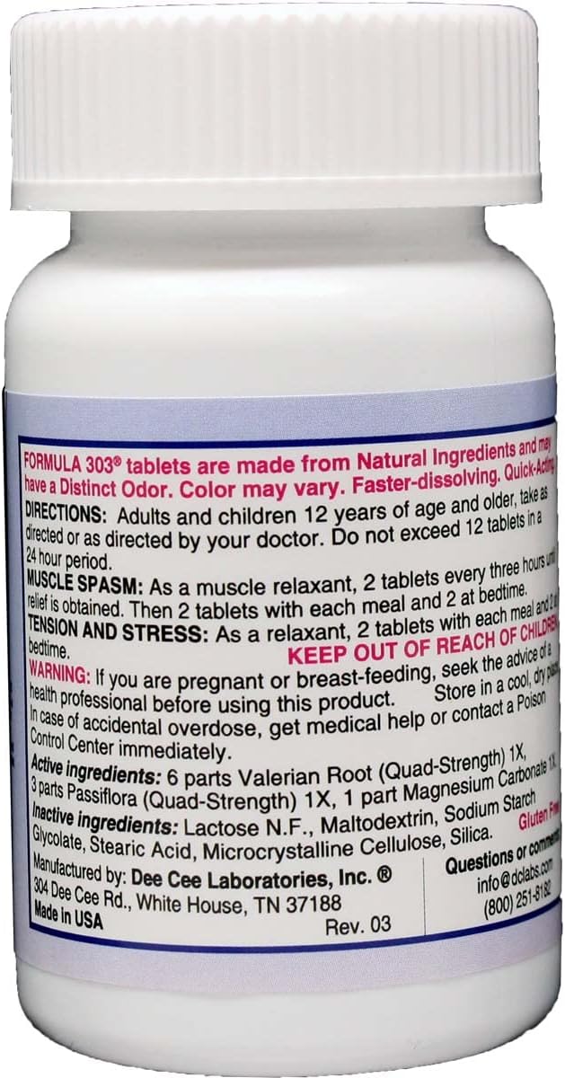 Dee CEE Labs Formula 303 Maximum Strength Tablets 90 Tablets All-Natural containing Magnesium for Sore Muscles Passion Flower and Valerian Root