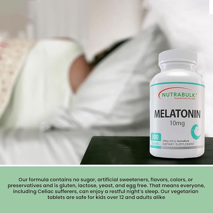 NutraBulk Melatonin 10 mg Tablets – Quick Release Natural Nighttime Sleep Aid for Adults. (300 Count)
