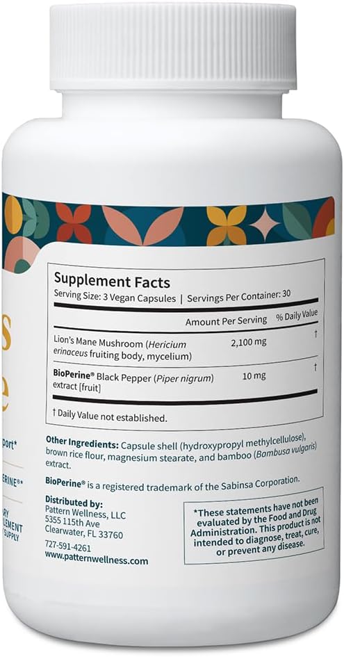 Pattern Wellness Lion’s Mane Mushroom – Supplement Capsules for Cognitive &amp Focus Support – Enhanced Absorption – 90 Vegan Capsules