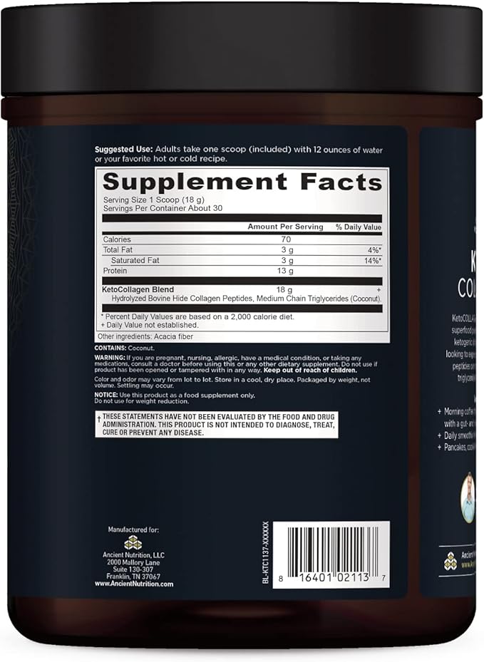 Ancient Nutrition Keto Collagen Powder Drink Mix Keto Diet Supplement with MCT Hydrolyzed Collagen Peptides to Support Healthy Skin and Joints 30 Servings 19 oz (Packaging May Vary)