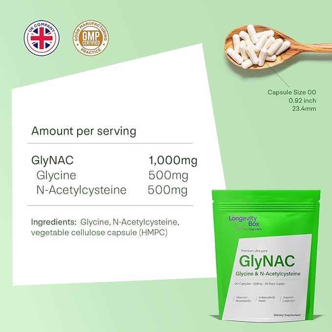 Ultra Pure GlyNAC Supplement 1000mg (500mg Glycine + 500mg N-Acetyl Cysteine) - Glutathione Precursor for Healthy Aging Energy &amp Cellular Protection - 120 Vegan Capsules