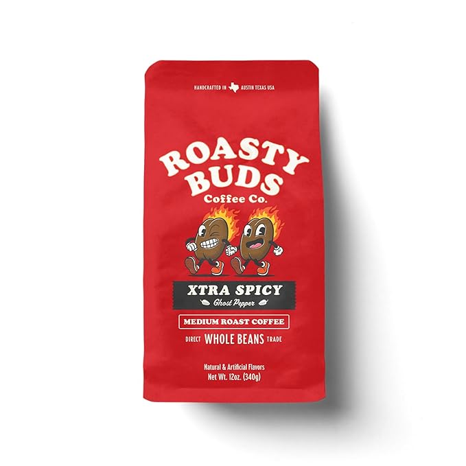 Roasty Buds Xtra Spicy Ghost Pepper Coffee | Premium Arabica Whole Beans The Original Spicy Coffee (12 oz) | Gluten-Free No Sugar/Dairy/Soy/Egg Medium Roast Coffee (12 Ounce Xtra Spicy Ghost Peppe