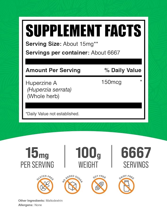 BulkSupplements.com Huperzine A Powder - Huperzia Serrata Powder Huperzine A Supplement - Nootropic Supplement Gluten Free 15mg per Serving 100g (3.5 oz) (Pack of 1)