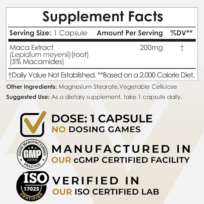 Maca Extract Capsules | 5% Macamides | Lepidium meyenii | Mood Energy and Vitality | 60 Count