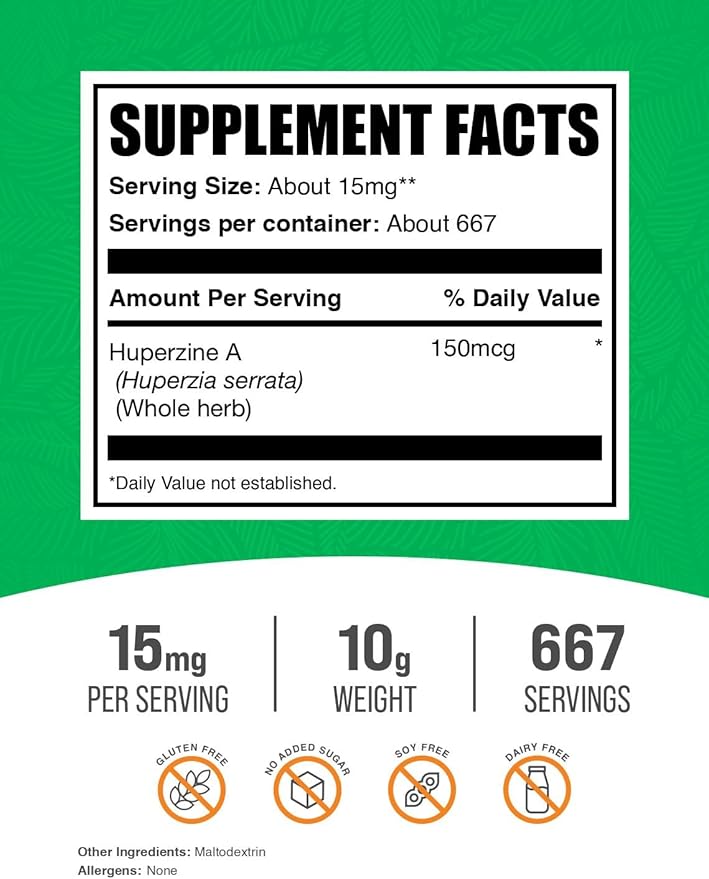 BulkSupplements.com Huperzine A Powder - Huperzia Serrata Powder Huperzine A Supplement - Nootropic Supplement Gluten Free 15mg per Serving 10g (0.35 oz) (Pack of 1)