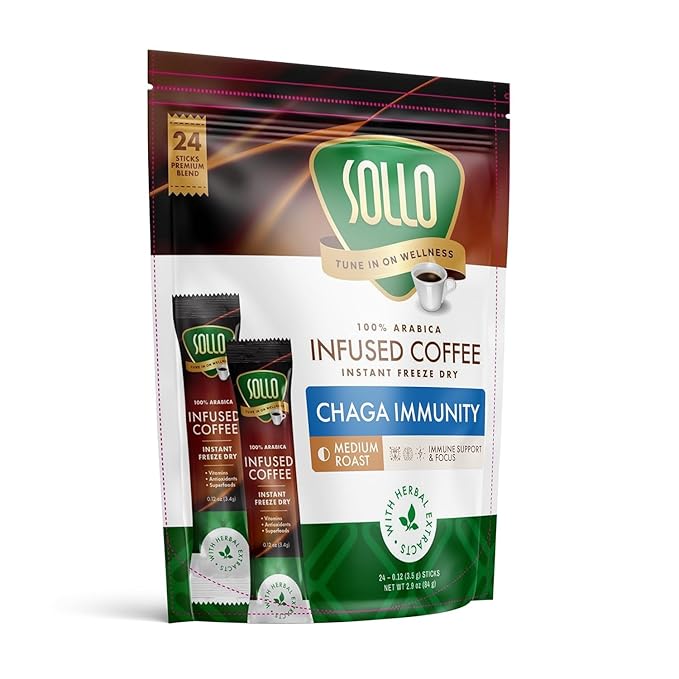 Sollo Infused Instant Chaga Mushroom Coffee Sticks (24 Servings) Memory &amp Clarity Support 100% Chaga Medium-Dark Roast Arabica Freeze Dried Coffee in Single Serve Sticks.