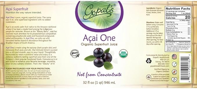 Gopal's Healthfoods Acai One Organic Juice - 32oz (1qt) Glass Bottle Gluten-Free Vegan Superfruit Liquid 30g of Pure Acai Juice Per Serving Vitamin &amp Antioxidant Rich
