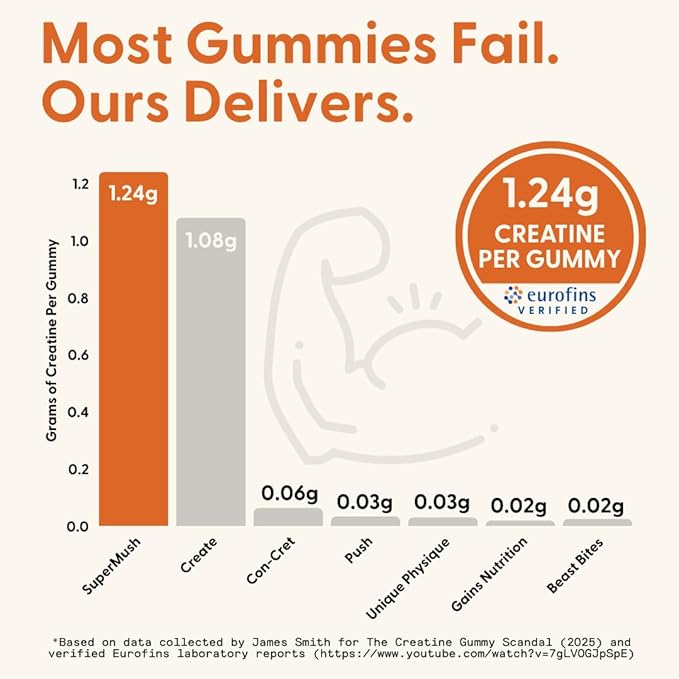 SuperMush Daily Creatine Gummies with Cordyceps - Daily Superfood - Sugar Free Creatine Monohydrate Supplement for Strength Focus and Recovery – Vegan Gummy Formula Mango Flavor 20-Day Supply