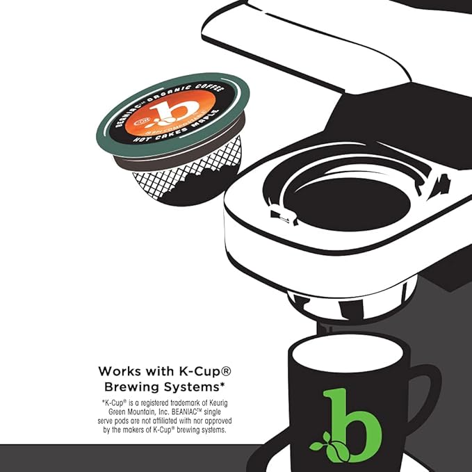beaniac Hot Cakes Maple Flavored Light Roast Single Serve Compostable K Cup Coffee Pods Organic Arabica Coffee with Natural Flavors Keurig Brewer Compatible 30 Count