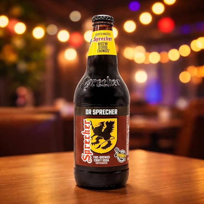 Dr Sprecher Soda in 16 fl oz Glass Bottles (12 Pack) Caffeinated Soft Drink with Natural Spiced Cherry Flavor