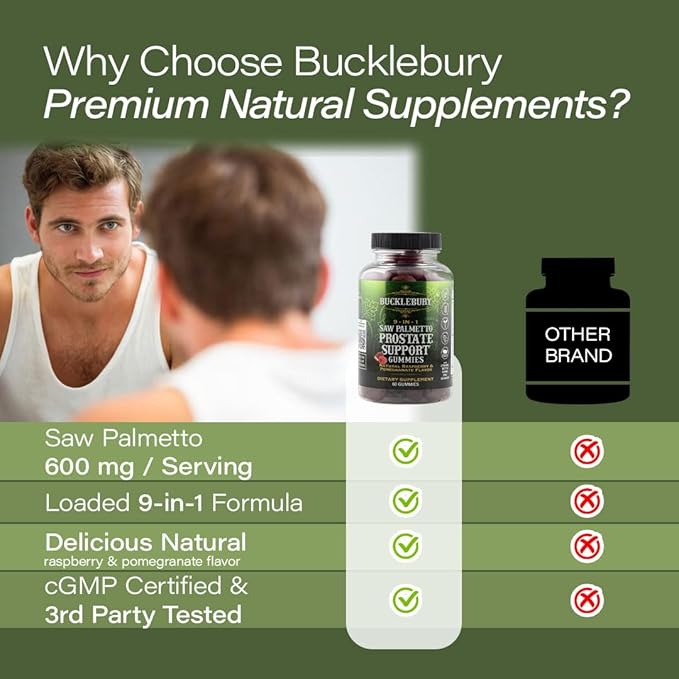 BUCKLEBURY 9-in-1 Natural Saw Palmetto Gummies with Raspberry &amp Pomegranate Flavor - Plant-Based Prostate Support Supplements for Mens Bladder Health Hair Growth &amp Urinary Support - 60 Gummie