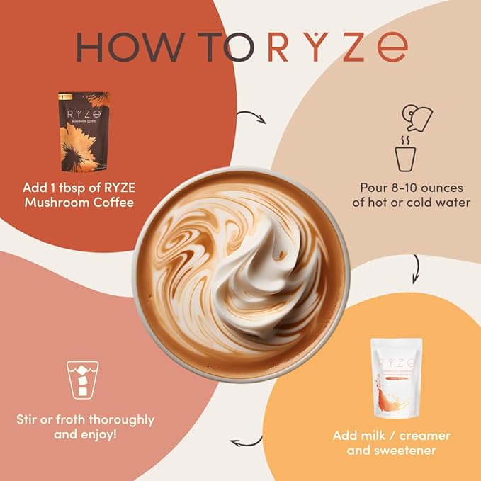 RYZE SUPERFOODS Mushroom Medium Roast Coffee USDA Organic with 6 Adaptogenic Mushrooms USA Grown Instant Coffee for Better Energy Focus Digestion Immunity with Lions Mane &amp Turkey Tail 30 Servin