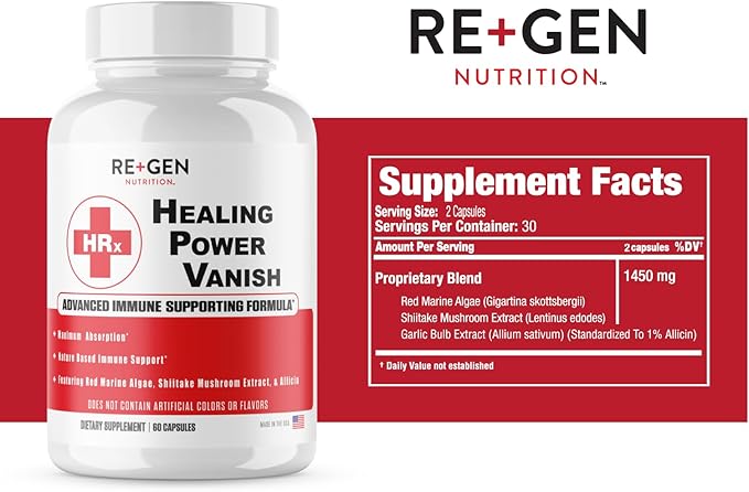 Re+Gen Nutrition Herp Rescue Healing Power Vanish Immune Support for Women Mushroom Supplement Pure Shiitake Mushroom Beta Glucan Red Marine Algae 60 Capsules