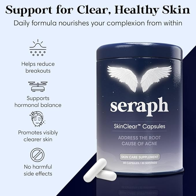 Seraph Acne Supplement - Hormonal Acne Pills Treatment - Pimple Supplements for Women - Skin Clear Capsules for Teen Men &amp Adults - Made in USA - 60 Tablets