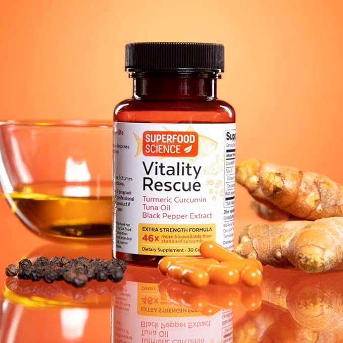 Vitality Rescue Omega 3 with Turmeric Curcumin Supplement Fish Oil DHA EPA with BioPerine &amp CurcuWin 46X Absorption Supports Joint Muscle Heart &amp Brain Health 30 Capsules