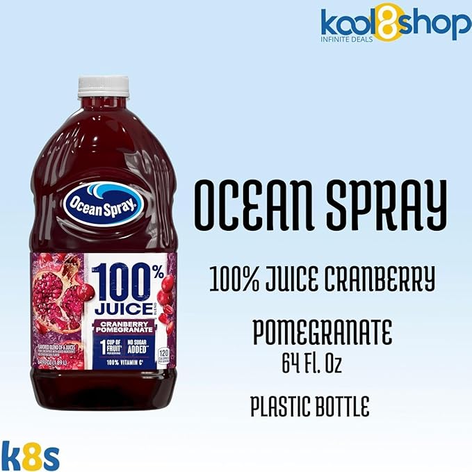 Ocean Spray 100% Cranberry Pomegranate Fruit Juice No Added Sugar 64 fl oz 4 Pack + 15 Sugarcane Disposable Straws by KOOL8SHOP Infinite Deals