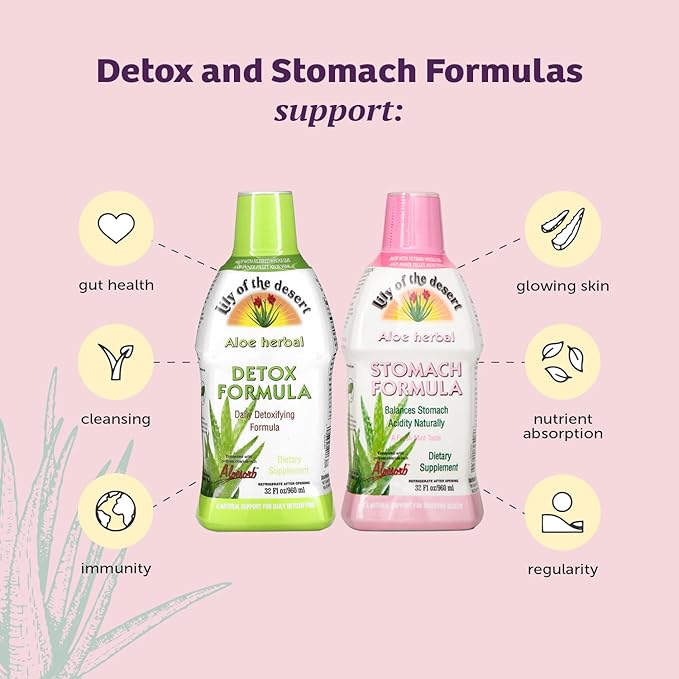 Lily Of The Desert Stomach Formula &amp Detox Formula Variety 2-Pack – Aloe Vera and Herbs for Gut Health Liver Detox Heartburn Relief 32 Fl Oz Ea