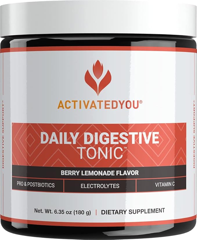 ACTIVATEDYOU Daily Digestive Tonic Kombucha - Support Healthy Digestion &amp Youthful Long-Lasting Energy- Prebiotic Fiber Probiotics Postbiotics Vitamin C Berry Lemonade Flavor (30 Servings)