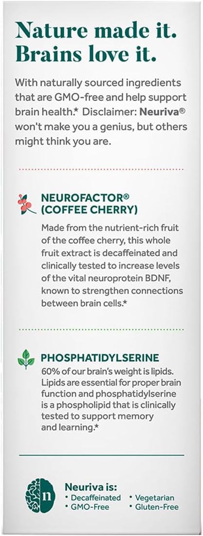 NEURIVA Original Brain Supplement for Memory Focus &amp Concentration + Learning &amp Accuracy with Clinically Tested Nootropics Phosphatidylserine and Neurofactor Caffeine Free 30 Capsules (3 Pa