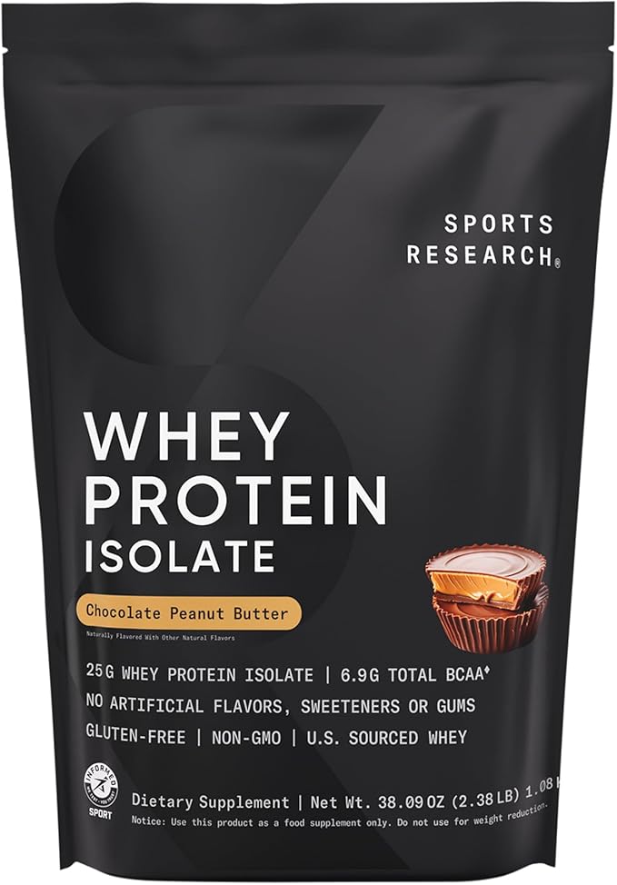 Sports Research® 100% Whey Protein Isolate Chocolate Peanut Butter - U.S. Sourced Protein Powder w/BCAAs -No Artificial Flavors or Gums- Informed Sport Tested · Gluten Free- 2lb Bulk Bag 25 Servings