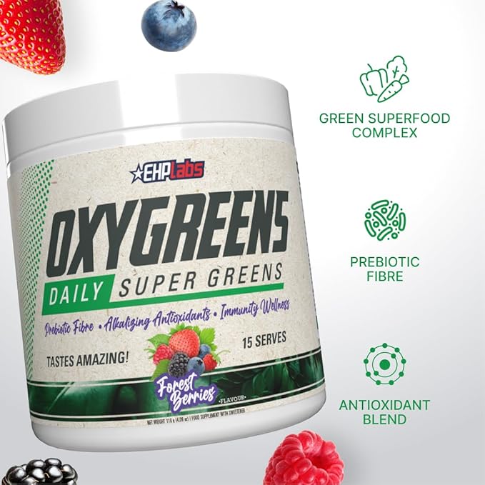 EHP Labs OxyGreens Super Greens Powder with Spirulina &amp Chlorella Prebiotic Fiber Probiotics &amp Digestive Enzymes – Antioxidant Green Superfood Supplement - 15 Servings (Forest Berries)
