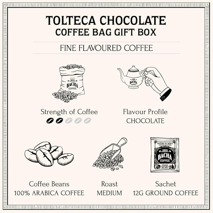 Bacha Coffee | Tolteca Chocolate Fine Flavoured Medium Roast 100% Arabica Specialty Coffee 12 Coffee Drip Bags Gift Box