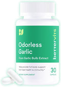 Bettervits Odorless Garlic Supplements 1000mg | High Strength Garlic Extract with Allicin | Vegan Garlic Supplement for Heart Circulation and Immune Support – 30 Capsules